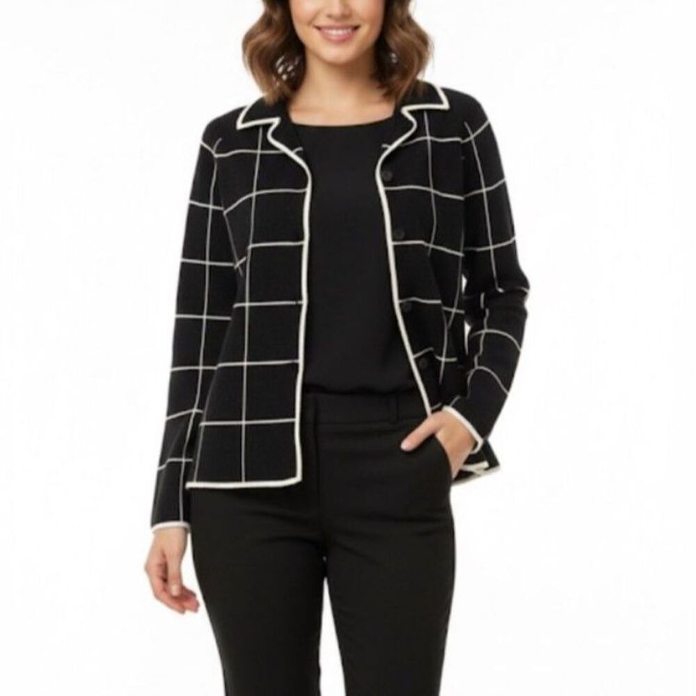 Mercer & Madison Black Ivory Windowpane Lady Jacket Cardigan Sweater Size L